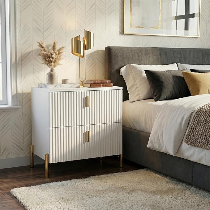 Luxury Fluted Night Stand, Nightstand with 2 Drawers, Modern Bedside Table with Golden Legs and Handles, End Tables for Living Room Bedroom, White