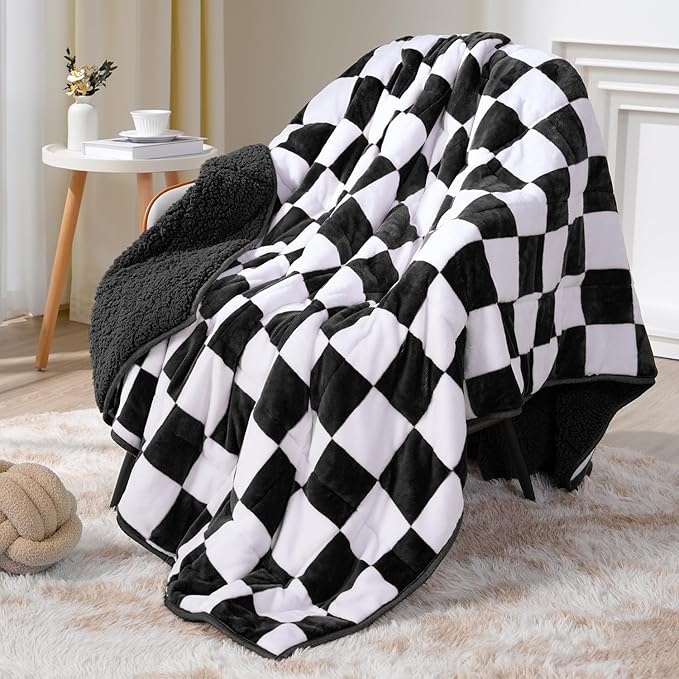Weighted Blanket for Adults, 10lbs Sherpa Flannel Weighted Blanket Full Size, Soft Fluffy Fleece Checkerboard Weighted Blankets for Calming and Relax, Plaid Black, 48" x 72"