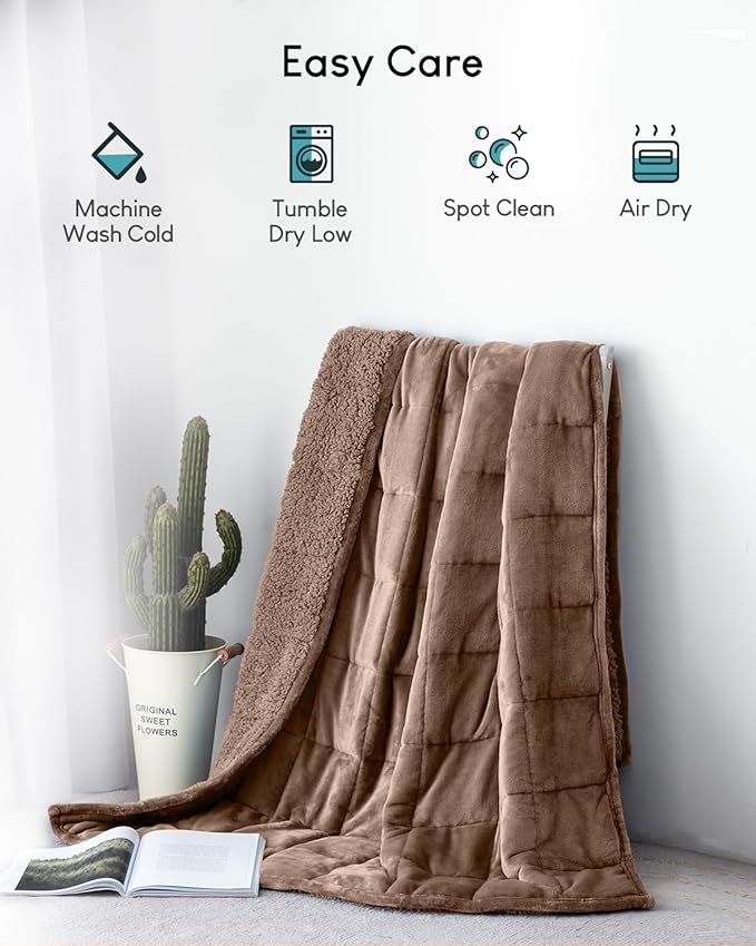Cottonblue Sherpa Fleece Weighted Blanket 15 lbs for Adult, Flannel Cozy Bed Blankets, Fuzzy Sherpa Weighted Blankets Full Size 48 x 72 inches, Soft Blanket for Sofa Beds, Dark Brown