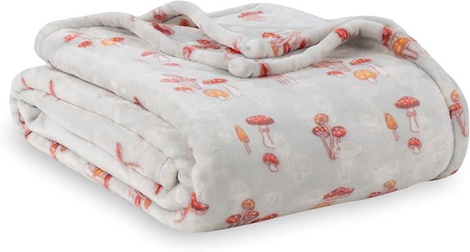 Berkshire Blanket-Classic Heavyweight Soft Printed VelvetLoft® Plush Blanket, Full/Queen Size Soft Fuzzy Warm Blanket for Couch Sofa Bed, Mushroom Field Grey, 90in x 90in