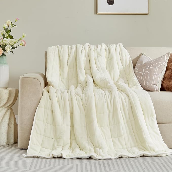 Sherpa Fleece Adult Weighted Blanket, 15 Pounds Dual Sided Soft Plush Blanket for Couch Bed Sofa, Heavy Thick Blankets with Glass Beads Great for Sleep, 48 x 72 inches, Cream White on Both Sides