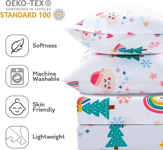 JSD Christmas Kids Sheet Set Full Size, 4 Piece Rainbow Christmas Tree Printed Microfiber Bed Sheets Deep Pocket