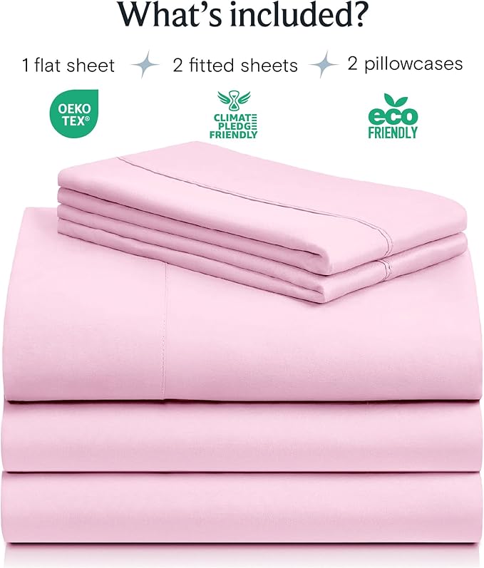 LuxClub 5 PC Sheet Set Bed Sheets Deep Pockets 16" Eco Friendly Wrinkle Free Cooling Machine Washable Hotel Bedding Silky Soft - Powder Pink Split King