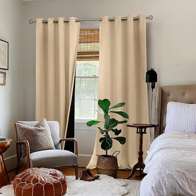 BGment 100% Blackout Curtains 108 Inch Long 2 Panles Set, Thermal Insulated Total Light Locking Soundproof Grommet Curtains & Drapes for Living Room with Black Liner, 52 Inch Wide Each, Beige