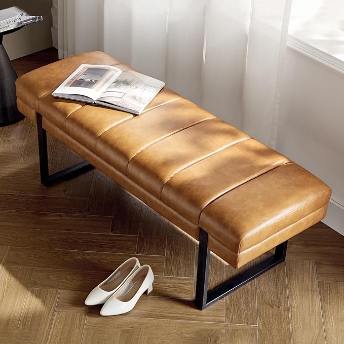 HULALA HOME 53" Faux Leather Entryway Bench, Button Tufted End of Bed Bench Ottoman for Bedroom, Living Room with Metal Base,Camel