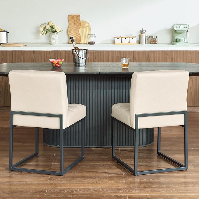 Beige Faux Leather Dining Chairs Set of 4, Mid-Century Modern Dining Room Chairs with Armless, Checkered Kitchen Chair with Metal Legs