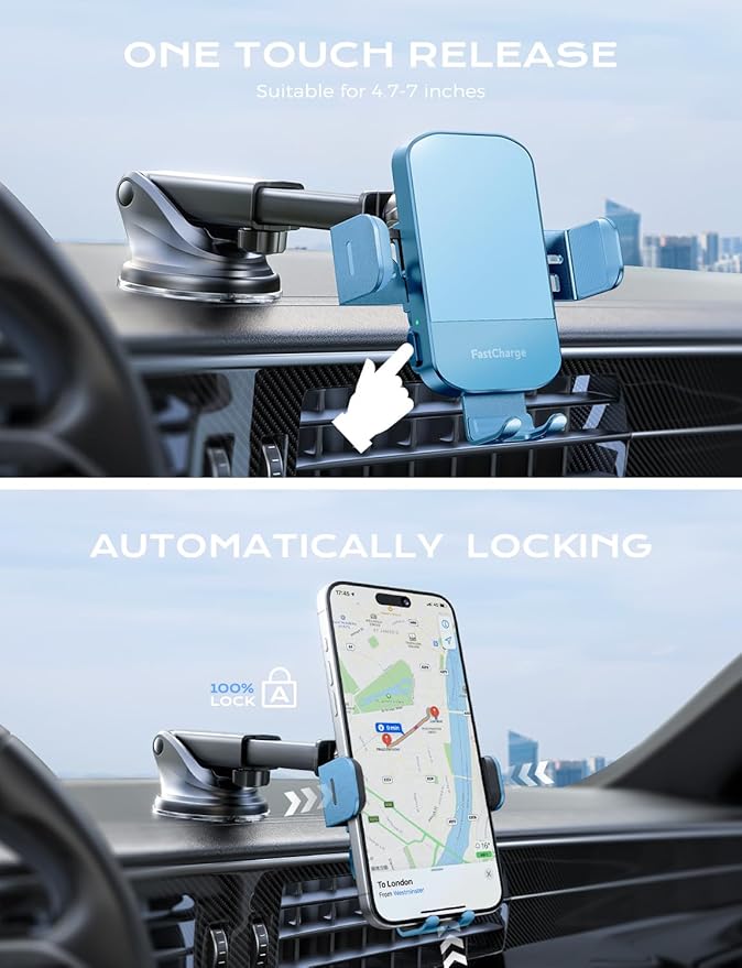 CHGeek Wireless Car Charger, 15W Fast Charging Auto Clamping Car Charger Phone Mount Phone Holder fit for iPhone 15 14 13 12 11 Pro Max Xs, Samsung Galaxy S25 Ultra S24 S23 S22, S21, S20, Cyan