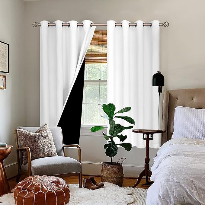 BGment Thermal Insulated 100% Blackout Curtains for Bedroom with Black Liner, Double Layer Full Room Darkening Noise Reducing Grommet Curtain (55 x 69 Inch, White, 2 Panels)