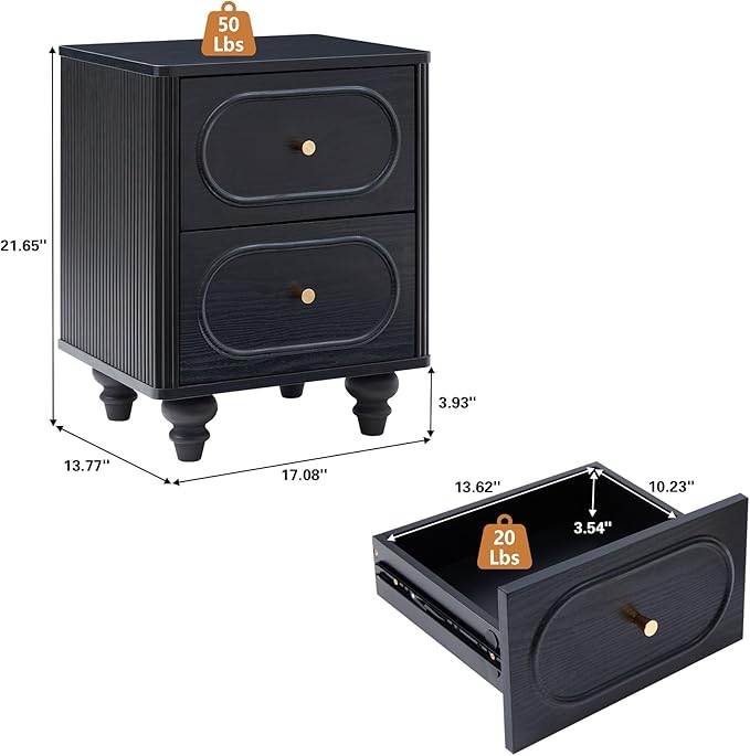 2 Drawer Fluted Mini Small Dresser for Bedroom Set of 2, Mid Century Modern Nightstand Bedside End Table, Wood Storage Dresser Organizer for Bedroom Living Room, Black
