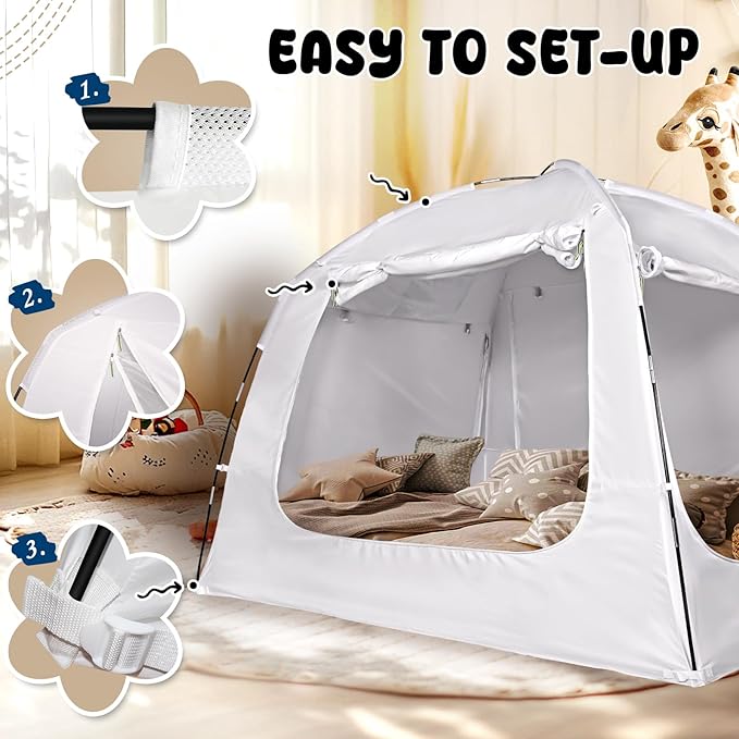 Bed Tent Bed Canopy Twin Size for Kid and Adults 100% Breathable Tents 4 Doors 80% Blackout - Indoor Portable Sleeping Tents Privacy Large Space with String Light