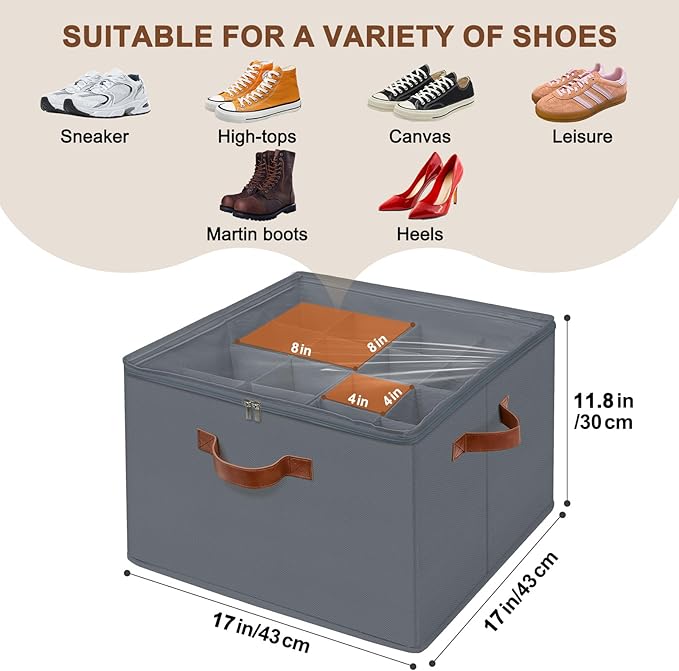 Shoe Organizer for Closet, Foldable Shoe Storage Box with Clear Top Lid, 3 Leather Handles, Adjustable Dividers, Fits 8-16 Pairs, Stackable Shoe Bin for Bedroom (Gray, 2 PCS/16.9*11.8*1.57 inch)
