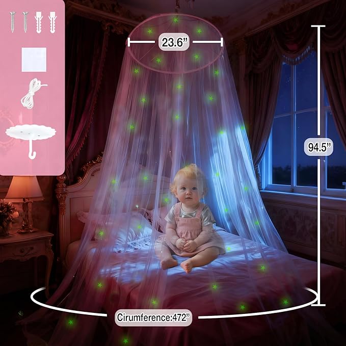 Pink Princess Bed Canopy for Girls with Glowing Stars, Canopy Bed Curtains for Twin, Full, and Queen Sizes; Ceiling Tent for Reading Nooks, Mosquito Net for Indoor Room Decor and Outdoor Use