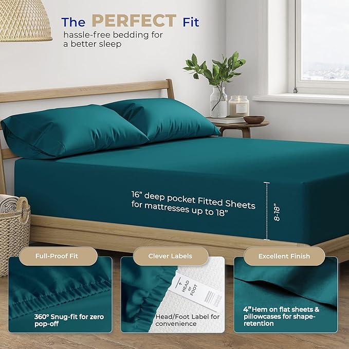 THREAD SPREAD 100% Cotton Sheets Twin Size - 400 Thread Count Cotton Bed Sheets Twin, 3 PC Set (Teal), Luxury Soft, Breathable, Cooling, Sateen Weave 16" Deep Pocket Bedsheet for Dorm Rooms