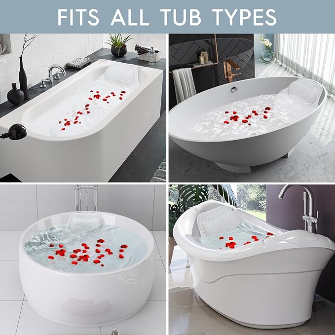 Luxury Bath Pillow for Tub - 4D Air Mesh Bathtub Pillow with 4 Non-Slip Suction Cups for Head, Neck and Back Support, Ergonomic Spa Accessories with Laundry Bag, Fits All Bathtubs