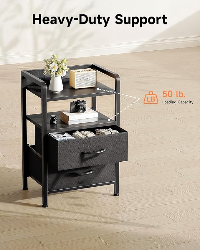 Night Stand Bedside Charger Bedroom - Nightstand with Charging Station & LED Light Strip, Night Stand with Storage Shelf & 2 Fabric Drawers, Morden End Table with U-S-B Ports & AC Outlets