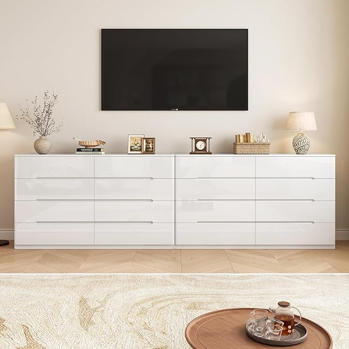 White Wood Dresser, 8 Drawer Dressers for Clothes Storage for Bedroom, Modern Dresser with Wide Drawers, Wide Wooden Chest Drawers for Living Room, Entryway, TV Stand