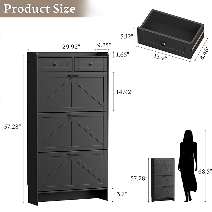 Shoe Storage Cabinet for Entryway, Farmhouse Narrow Shoe Cabinet with 3 Flip Drawers & 2 Top Drawers, Adjustable Shelves & Hooks, Freestanding Hidden Rack Organizer for Hallway, Foyer