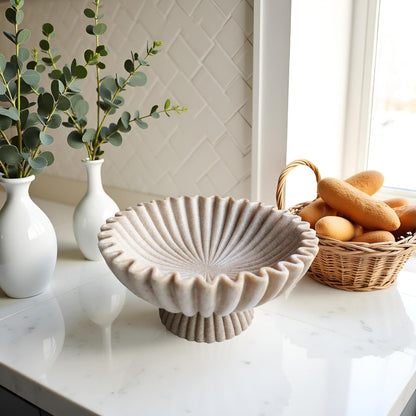 10" Large Decorative Bowl decor, Scalloped Bowls for Modern Home Decor,Ruffle Decor,Stylish Key Bowl for Entry Table,Decorative Fruit Bowl for Kitchen Counter,With base,Artificial Stone Beige
