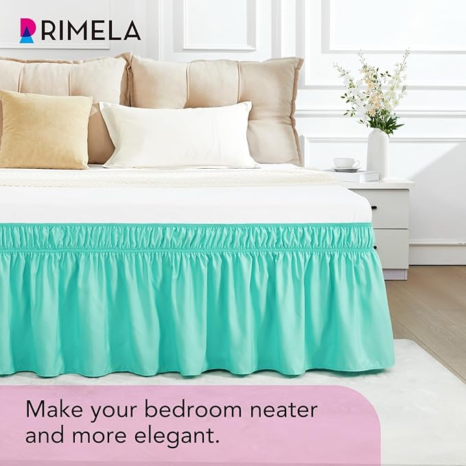 RIMELA Spa Blue Bed Skirt Queen Size 18 Inch Drop, Elastic Bed Skirting for Bed Base and Frame, Bedding Dust Ruffle Easy to Install, Lightweight Wrap Around Adjustable Bedskirt
