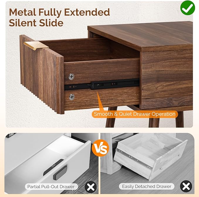 VINGLI Nightstands Set of 2, Fluted Night Stand with Drawer, Bedside Table, Wood Nightstand for Bedroom, Mid Century Modern End Tables, Walnut, 18.9" W*14.96" D*24" H