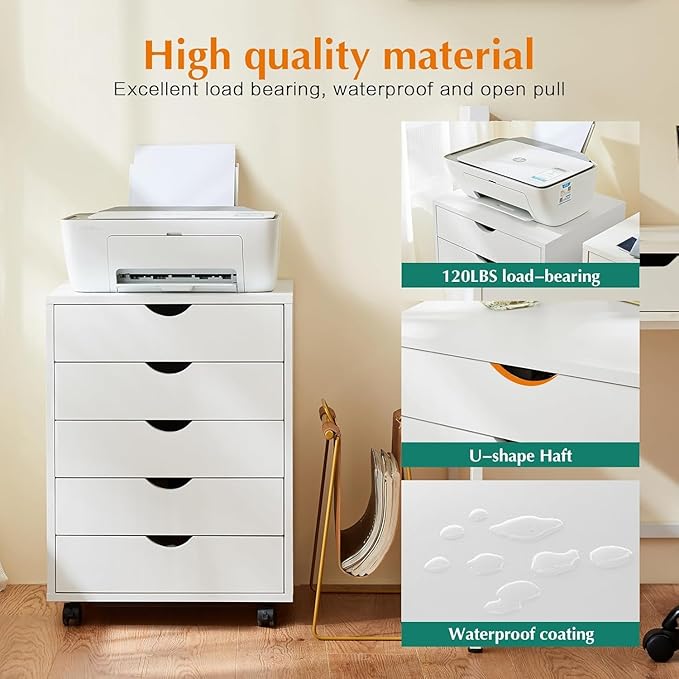 5 Drawer Chest, Storage Cabinet Dressers with Wheels, Dressers Storage Cabinets, Dresser Mobile Cabinet with Wheels, Room Organizer, Drawers Wood Organization Furniture for Office, Home, White