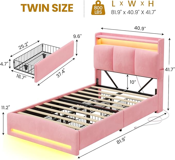 VIAGDO Twin Bed Frames with Storage Headboard and Charging Station, Velvet Upholstered Bed Frame Twin Size with 4 Drawers and LED Lights, Type C and USB, No Box Spring Needed, Pink