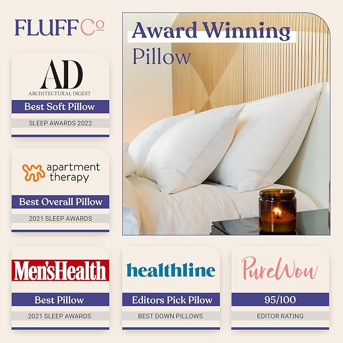 FluffCo Zen Fluff™ Down King Pillow with 600 Fill Power White Duck Down Stomach Sleeper Pillows - Luxury Hotel Quality 300 Thread Count - 100% Cotton Feather Pillows (Soft King Size 1 Pack)