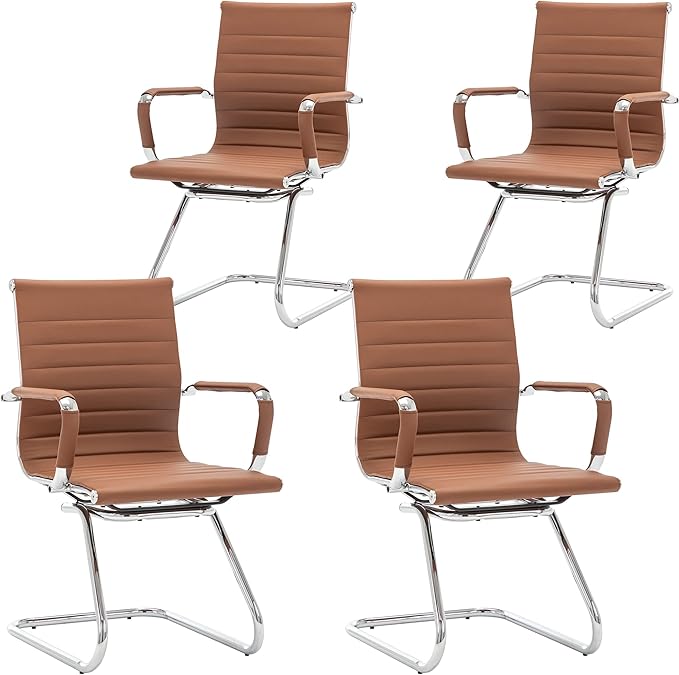 Wahson Office Guest Chairs Set of 4, Leather Reception Chairs, Mid Back Waiting Room Chair, Conference Chairs with Sled Base, Desk Chair No Wheels for Meeting/Lobby/Restroom, Coffee
