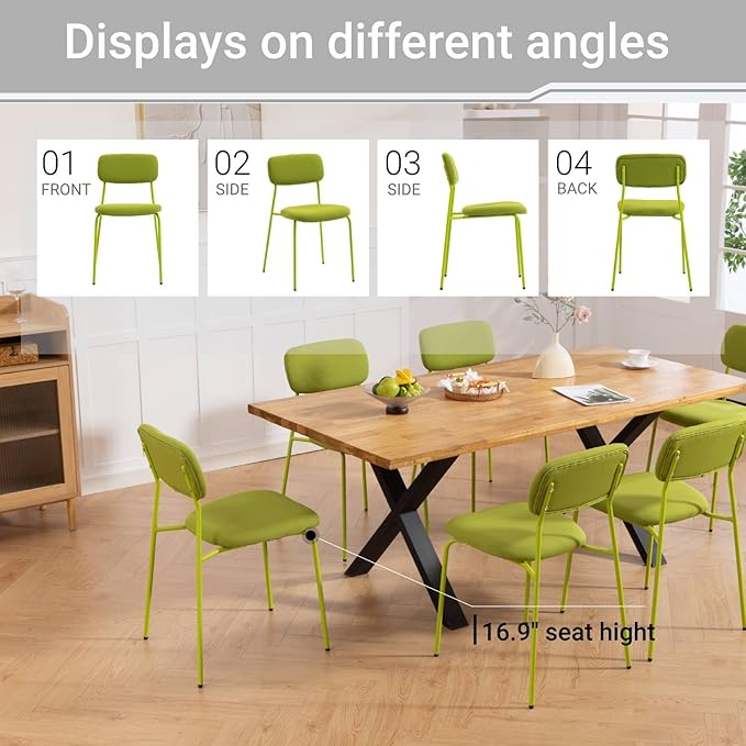 Stackable Chairs Indoor Set of 4, Dining Chair Ser for 4, Armless Stacking Chairs with Sturdy Metal Legs for Living Room, Office Chair for Guest, Green.