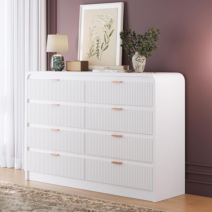 FURSUN Fluted 8 Drawers Dresser for Bedroom, 55" Wide Wooden Dresser with Metal Handle, Curved Profile Design, Modern Storage Organizer for Bedroom, Living Room, Hallway, White