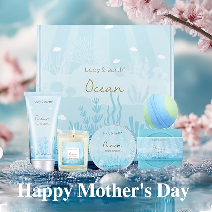 Gifts for Women, Bath and Body Womens Gift Sets with 5 Pcs Ocean Scented Spa Gifts for Women Bath Gift with Scented Candle Body Butter Hand Cream Bath Bomb Christmas Gifts