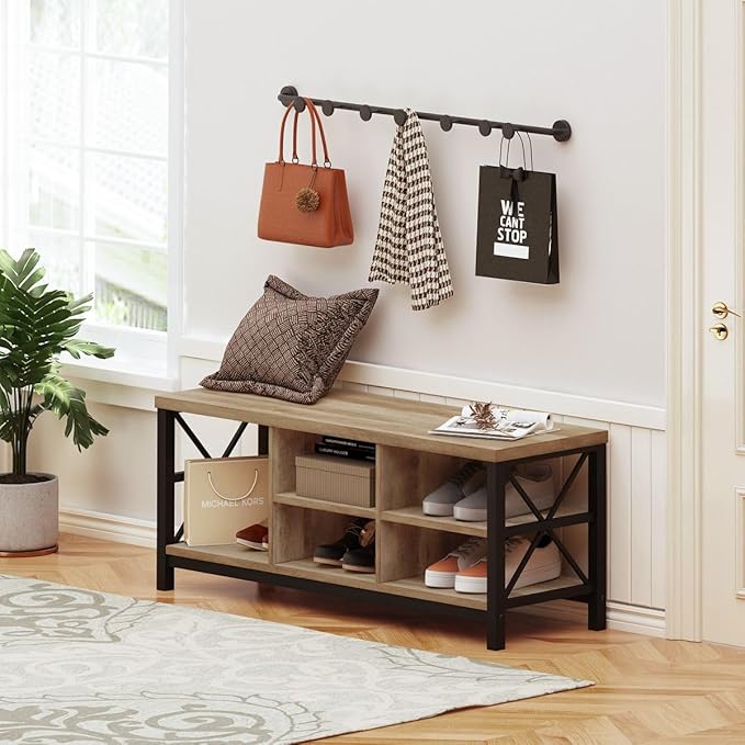FATORRI Shoe Bench Entryway with Storage, Industrial Wood and Metal Hallway Benches with Adjustable Shelves, Rustic Entry Way Bench for Living Room (47.24 Inch Long, Rustic Oak)