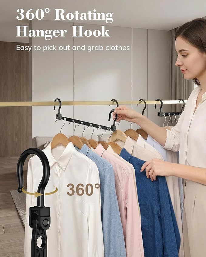 Space Saving Hangers for 144 Clothes, Reinforced Collapsible Hangers with 360° Swivel Hook, Hanger Hooks Space Saver for Closet Organizers and Storage, Dorm Room Essentials, Fully Assembled, Black