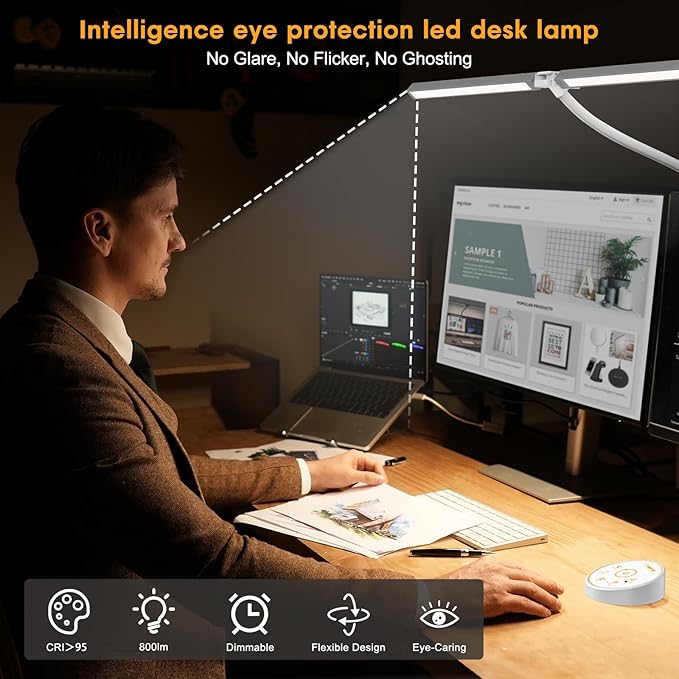Led Desk Lamp for Office Home - Eye Caring Architect lamp with Clamp,Dual Screen Computer Monitor Work Smart Light: 24W 5 Color Flexible Adjustable Lighting Table Lamp for Study Drafting Grey