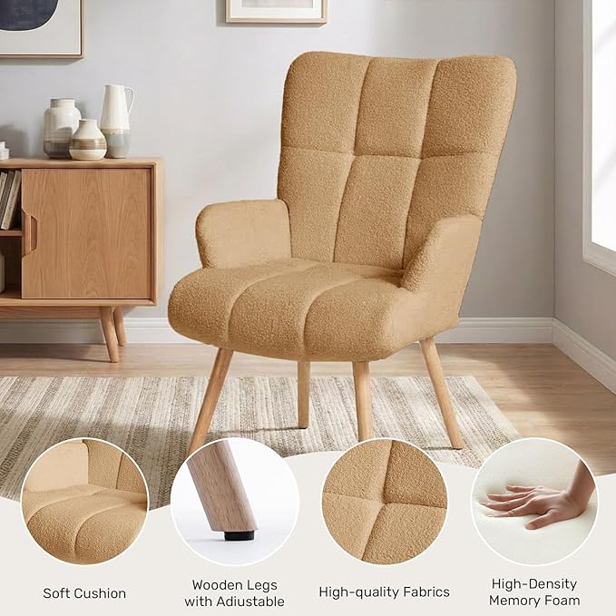 Joysoul Modern Accent Chair, High Back Arm Chair with Wood Legs Sofa Seat Teddy Fleece Fabric Reading Chair for Living Room Bedroom Waiting Room (Brown)