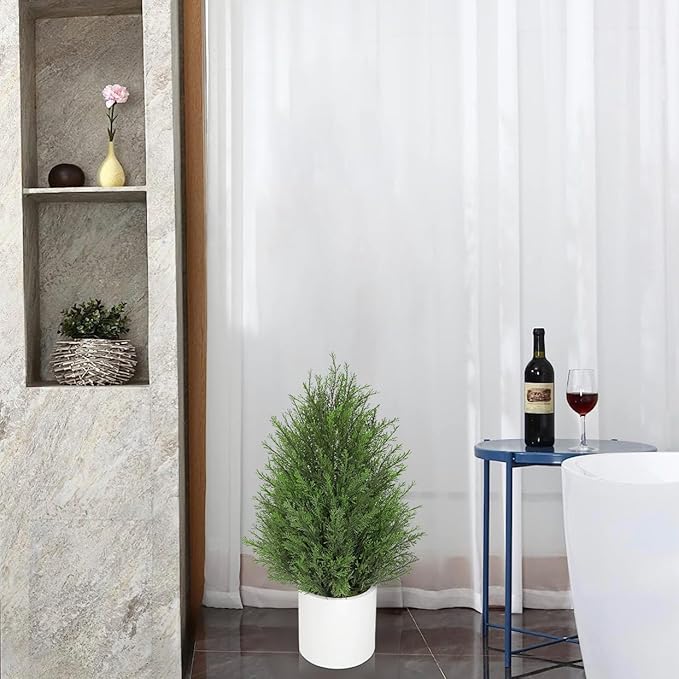 Briful 27” Artificial Cedar Topiary Tree in White Planter, 2PCS – Realistic Faux Evergreen Faux Floor Plant with Layered Leaves, Decorative Indoor Outdoor Potted Shrub for Home, Office, Patio, Porch