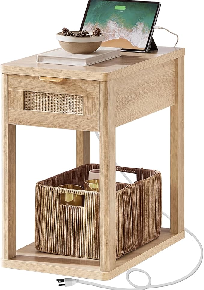 LEYAOYAO Narrow Side Table with Charging Station, 24x14''Rattan Night Stand with Drawer Storage, Natural Wood Bedside End Table for Small Spaces, Boho Nightstand for Living Room Bedroom