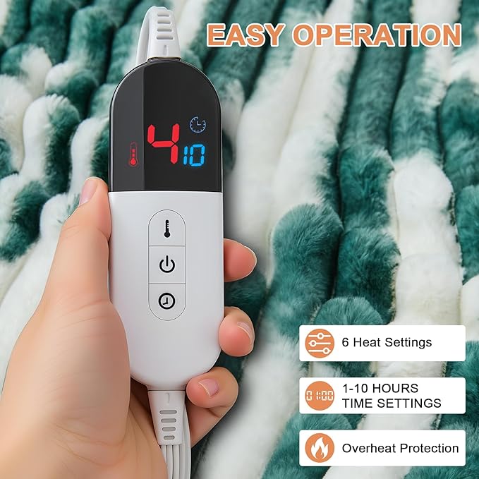 Heated Blanket Queen - 84"x90" Dual Control Bed Electric Blankets with 6 Heating Levels & 10 Hours Auto Off, Soft Ribbed Faux Fur Sherpa, Over-Heated Protection ETL, Dark Green