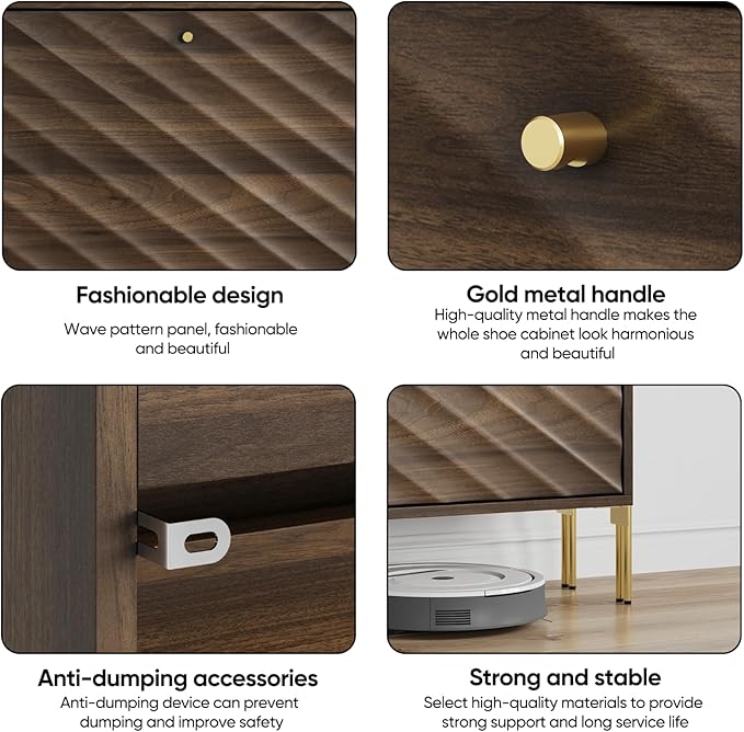 Vibe & Dine 2 Flip Drawer Shoe Cabinet, Modern Shoe Organizer for Entryway Slim, Freestanding Wood Shoe Rack Cabinet for Hallway, Bedroom, Living Room, Black Walnut