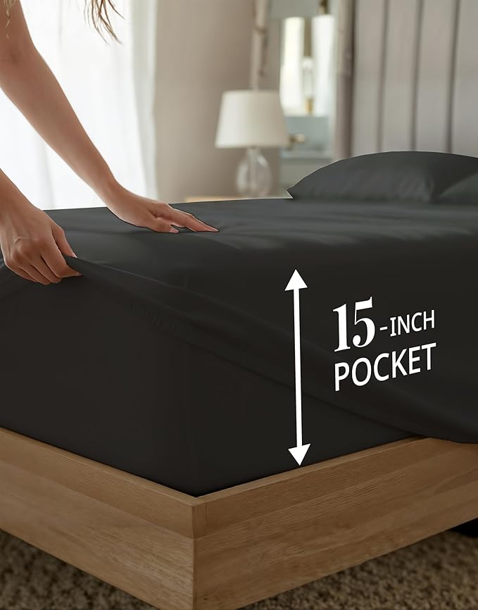 100% Egyptian Cotton Bed Sheets King Size – 1000 Thread Count Naturally Breathable Sheets, 15" Deep Pocket King Sheets, Silky Sateen Weave, Buttery Soft Durable Hotel-Quality Luxury Bedding - Black