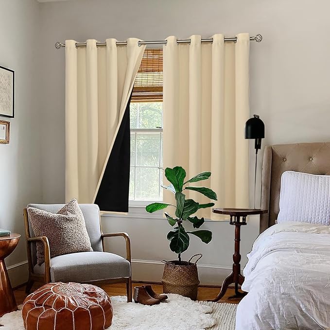 BGment Short 100% Blackout Curtains for Bedroom, Thermal Insulated Energy Efficiency Noise Reducing Grommet Curtains 54 Inch Length with Liner for Small Window 2 Panels Each 52 Inch Wide, Natural