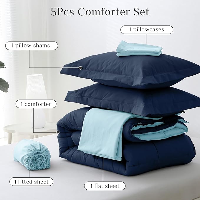 JOLLYVOGUE Twin Comforter Set, Ultra-Soft Bed in a Bag Twin Size 5 Pieces, Oeko-TEX Certified Bedding Set with Down Alternative Comforter, Sheets, Pillowcases & Shams, Navy & Light Blue