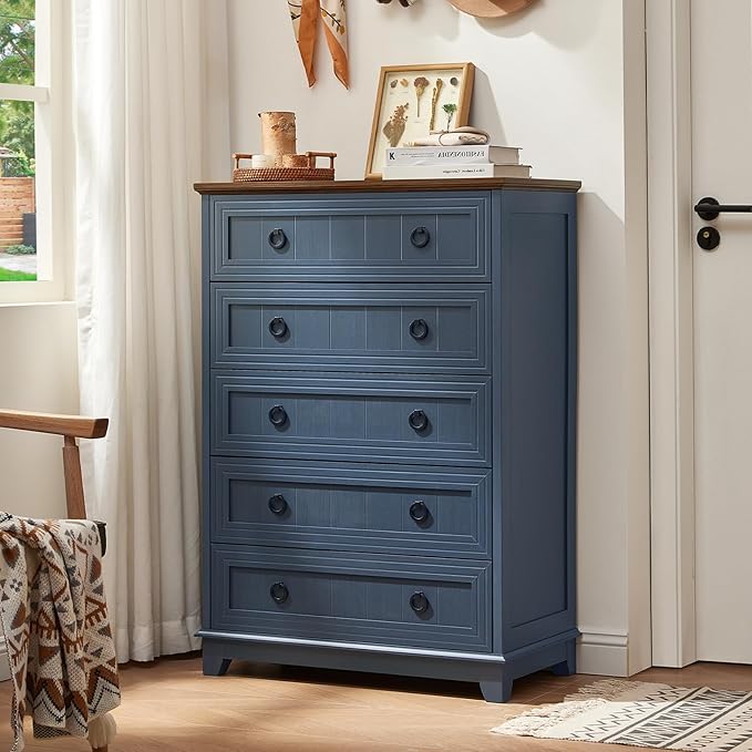 Farmhouse 5 Drawer Dresser for Bedroom Set of 2, 42" Tall Small Dressers & Chest of Drawers, Rustic Wood Dresser with Metal Handle, Storage Organizer Closet for Living Room, Hallway,Entryway