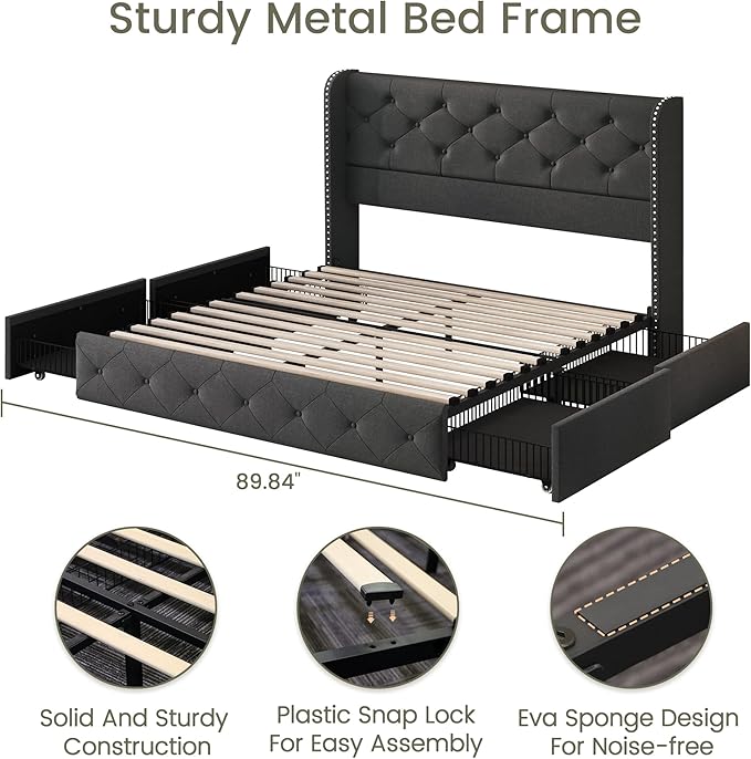 LARMACE Full Size Bed Frame with 4 Storage Drawers and Wingback Headboard Linen Upholstered Platform Bed Frame Tufted Beds with Wooden Slats Support, Easy Assembly, Dark Grey