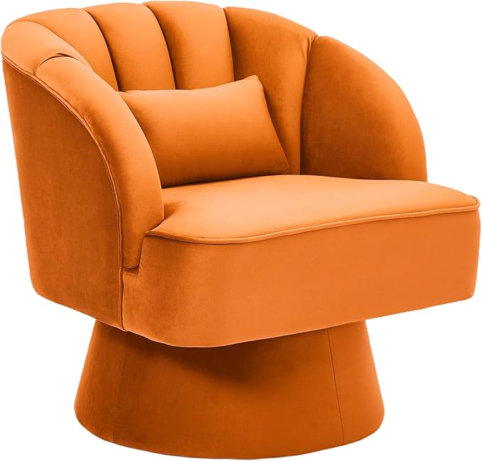 GarveeHome Modern Swivel Barrel Accent Chair, 360° Velvet Upholstered Armchair with Striped Backrest & Plush Padding, Comfy Round Lounge Chair (1, Orange + Velvet)