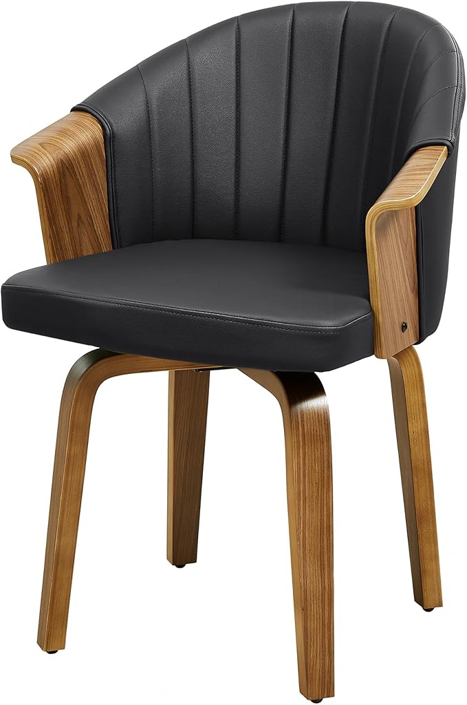 Art Leon Desk Chair No Wheels, Mid Century Modern Swivel Accent Chair, Faux Leather Home Office Desk Chair with Wood Legs for Living Room Bedroom Study, Black/Walnut