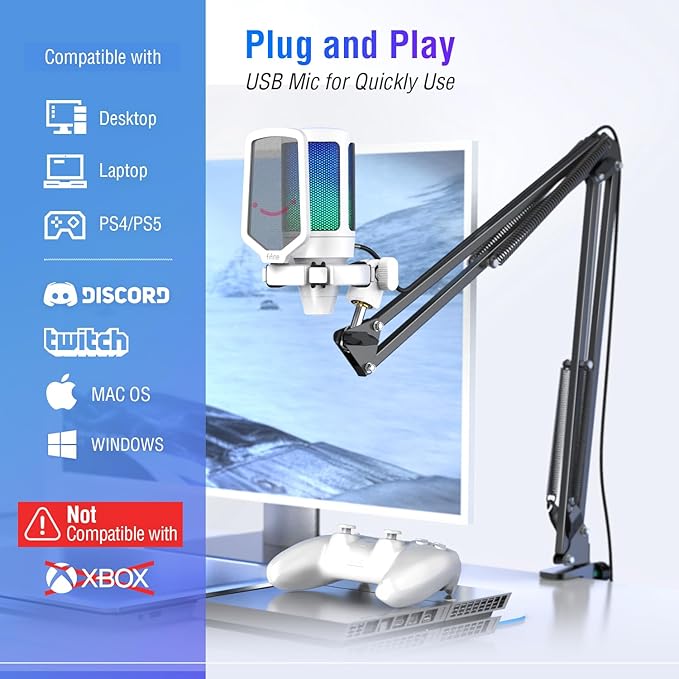 FIFINE Streaming Gaming USB Microphone Kit, PC Condenser RGB Mic Compatible with PS4/PS5, Plug and Play for Music Recording, Online Game, Discord, Twitch, with Pop Filter, Shock Mount-A6T White