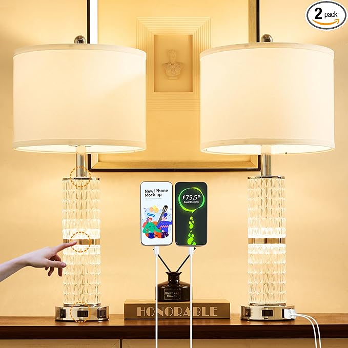 Crystal Table Lamps Modern 3-Way Dimmable Bedside Lamp with 2 USB Ports & AC Outlets for Living Room Bedroom Nightstand Lamp Night Light
