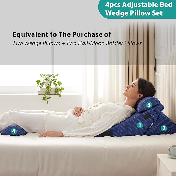 Bedluxe Adjustable 4pcs Bed Wedge Pillow Set, Memory Foam Wedges Pillow Post Surgery for Back, Neck, Leg Pain Relief, Pillows Wedge for Sleeping, Sitting up in Bed, Acid Reflux and GERD, Navy Blue