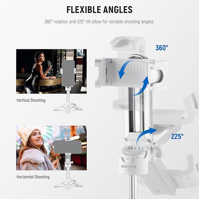 NEEWER Selfie Stick with Detachable Bluetooth Remote Shutter, Lightweight Foldable Travel Tripod for iPhone for YouTube/TikTok Vlogs Live Streaming Photography, White, P15